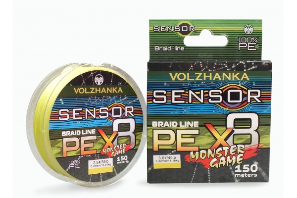 Леска плетеная "Sensor Monster Game X8" 150м/0.28мм 15.91кг (#2.5-35Lb) цв. флуо желтый